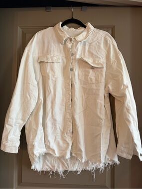 White Distressed Jean Button-Up Jacket